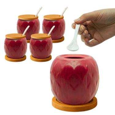 Imagem de Kit 4 Açucareiro Saleiro De Cerâmica Com Tampa De Bambu E Colher 350ml