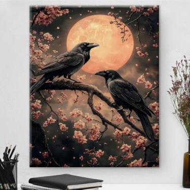 Imagem de Arte de parede de casal corvo gótico decoração escura Academia Ravens Moon Canvas Print Poster floral emoldurado decoração de parede para casa, apartamento, sala de estar, quarto, 20 x 25 cm
