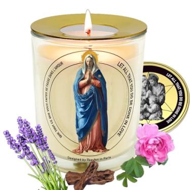 Imagem de Vela perfumada Mãe Virgem Maria Rosa 50 horas com anel mais quente │Cera de soja Natural│Proteção Familiar, Orientação, Bênção Milagrosa, Amor Eterno, Conforto de Luto │Design em Paris│7 cm × 3,15 cm
