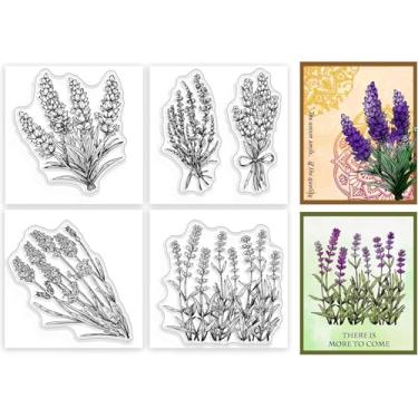 Imagem de 4 mini carimbos transparentes de lavanda para scrapbook, flores de lavanda, selos, selos transparentes para fazer cartões, álbum de fotos, decoração de diário, 5,6 x 5,6 cm