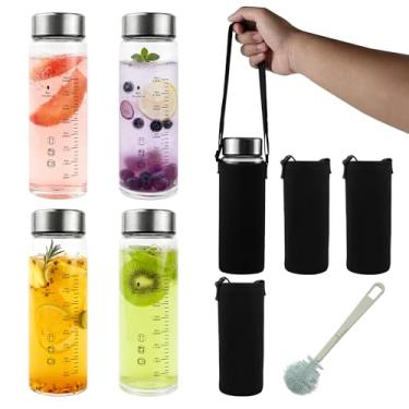 Imagem de Rackickyer Pacote com 4 garrafas de água de suco de vidro de 590 ml, garrafas de água de vidro de boca larga com tampas e manga, para sucos, vitaminas, leite, proteínas, reutilizáveis, à prova de
