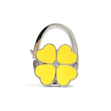 Imagem de Cabide de bolsa dobrável Clover Design – Gancho de bolsa portátil para mesa, cadeira ou balcão – Suporte de bolsa compacto e resistente para mulheres – Amarelo