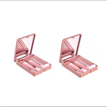 Imagem de 02 Estojos. Kit com 5 Pincéis Para Maquiagem Com espelho. 02 Conjuntos. 1 Rosa +1 Rosê