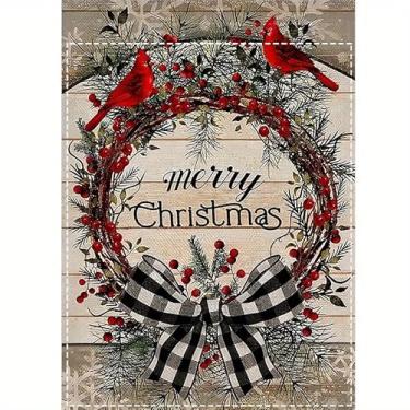 Imagem de Bandeira de jardim de Feliz Natal com design de grinalda cardeal vintage - dupla face, estopa de poliéster à prova de intempéries, lavável, bandeira multiuso para decoração de quintal de férias, 30 x