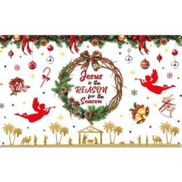 Imagem de Zliisang 1,8 x 1,1 m Jesus is the reason for the season pano de fundo coroa de espinhos Natal feriado presépio nascimento de Jesus banner religioso Natal Sagrado festa decoração