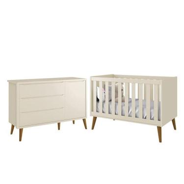 Imagem de Jogo De Quarto Infantil Theo Retrô Cômoda 1 Porta E Berço Areia Fosco Com Pés Amadeirado - Reller Móveis Areia Fosco