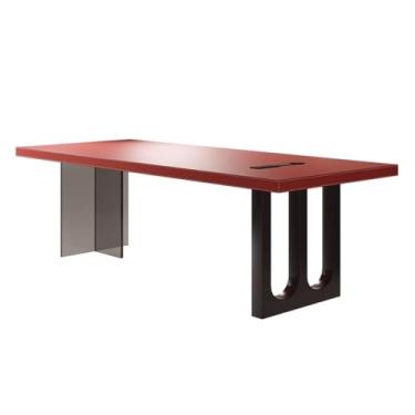 Imagem de Mesa de computador para escritório em casa Mesa executiva moderna para escritório, acabamento em couro vermelho, mesa de trabalho espaçosa com tomadas para carregamento(XL)