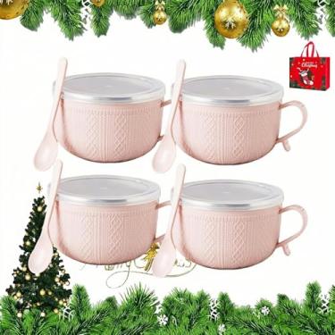 Imagem de Caneca isolada de parede dupla de 740 ml com tampa – Novo conjunto de 4 tigelas de aço inoxidável resistentes ao calor para café/sopa/ensopados | Presente de preparação de refeição de Natal | Seguro