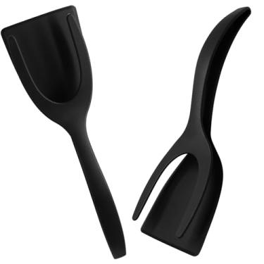 Imagem de LifCratms 2 peças 2 em 1 pinças de espátula, espátula multiuso com revestimento antiaderente para panqueca, quesadillas, omeletes, sanduíches, bifes, cozinhar (preto e preto)