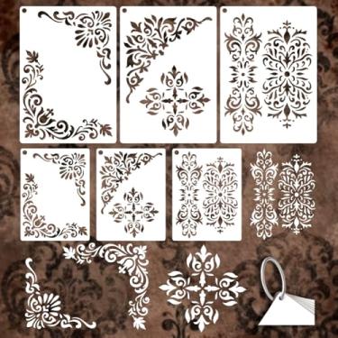 Imagem de GOMAKERER 6 peças, 6 estilos de estênceis de canto para pintura, estêncil de borda floral vintage, modelos de pintura decorativa reutilizáveis para pintura na parede, decoração de casa de madeira