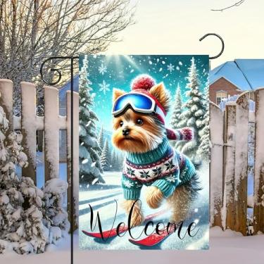 Imagem de BlissYard Bandeira de jardim de boas-vindas dupla face 12x18 bandeira de inverno cachorro jardim adorável Yorkshire terrier esqui bem-vindo bandeira de jardim charmoso design de inverno para férias ao