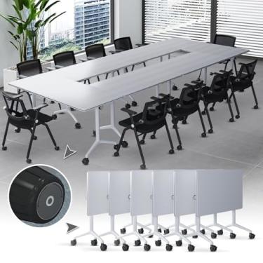 Imagem de Mesa de sala de conferências moderna de 30 m, mesa de reunião, dobrável, branca, mesa de sala de aula com rodas silenciosas, mesa de podcasts para 2 pessoas para escritório, negócios, mesa de