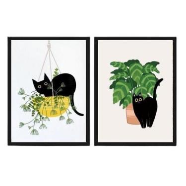 Imagem de Kit 2 Quadros Decorativos Gato E Plantas 45X34 Madeira Preta - Quadros