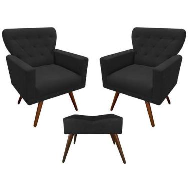 Imagem de Kit 2 Poltronas Decorativa Aurora + 1 Puff Retangular Suede Preto Pés 