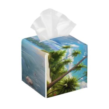 Imagem de Porta-lenços de couro quadrado à prova d'água oceano praia palma verão organizador de papel facial com cinto inferior cubo estojo de lenços para mesa, banheiro, escritório, mesa, carro, decorativo
