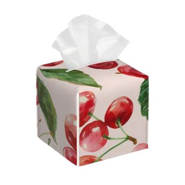 Imagem de Capa quadrada de couro para caixa de lenços de papel à prova d'água fruta cereja bonito organizador de papel facial com cinto inferior cubo estojo de lenços para mesa, banheiro, escritório, mesa