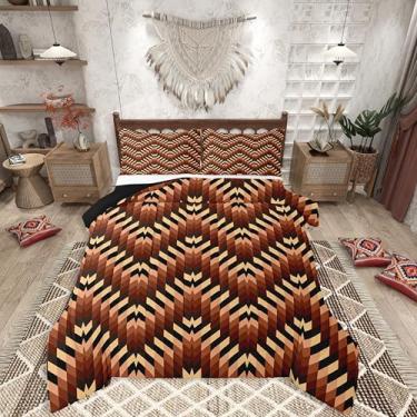 Imagem de jejeloiu Conjunto de edredom queen asteca do sudoeste, boêmio, para crianças, meninos, meninas, marrom, tribal, geométrico, decoração de quarto de microfibra, 3 peças com 2 fronhas