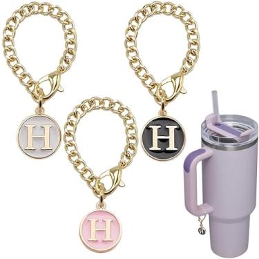 Imagem de Ekarley Acessórios de pingente de letra para copo Stanley, 3 peças, corrente inicial, garrafa de água, nome de identidade, berloque para copos de copo-H