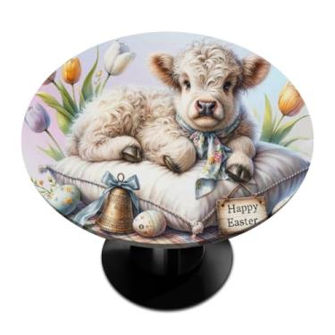 Imagem de hongjinglin Toalha de mesa redonda com borda elástica de Páscoa, toalha de mesa redonda limpável para ambientes internos e externos, pátio, jantar, cozinha, festival, decoração para mesas de 114 a 127