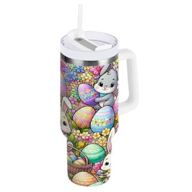 Imagem de ATTX Copo de coelho da Páscoa de 850 g com alça, copo de aço inoxidável a vácuo de parede dupla com palha, caneca de café de viagem isolada #552