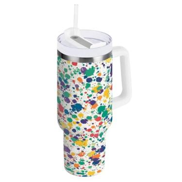 Imagem de Blueangle Copo isolado de 1,134 g com alça e tampa de canudo - Caneca de viagem de aço inoxidável à prova de vazamento, garrafa de água com respingos de tinta colorida a vácuo de parede dupla (53)
