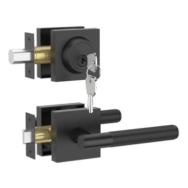 Imagem de Asidrama Conjunto de fechadura de porta dianteira preta resistente: fechadura de cilindro duplo, maçaneta de segurança de liga de zinco para portas externas esquerda/direita, fechaduras de entrada