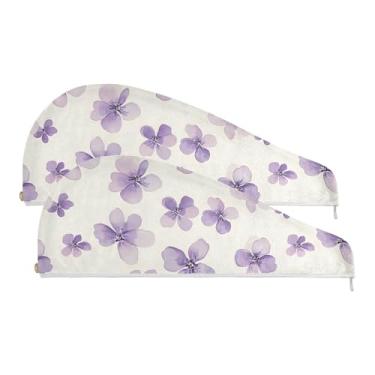 Imagem de SEHANY Toalha de cabelo de microfibra elegante flores roxas para mulheres 2 peças turbantes de cabelo de secagem rápida com botão, touca de cabelo seco absorvente toalha de secagem de cabelo para