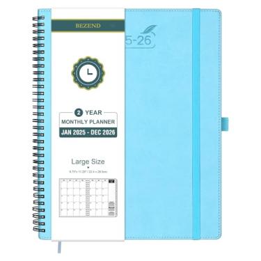 Imagem de BEZEND Agenda mensal de 2 anos 2025-2026, tamanho grande 21,6 cm x 28 cm - papel grosso de 120 g/m² - Agenda com encadernação espiral, calendário com abas mensais, bolsos internos, capa macia de couro