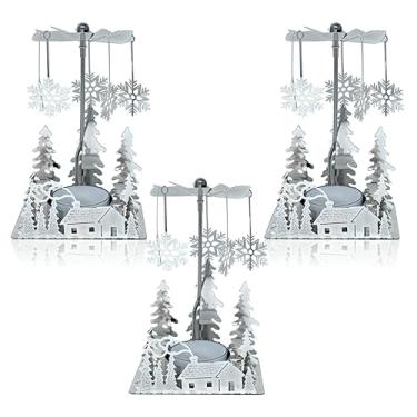 Imagem de Giradores de vela de Natal prateados para cabana de inverno - Árvores de cabine de inverno cortadas a laser de prata - pingentes de floco de neve - Castiçais de luz de chá - Decoração de Natal