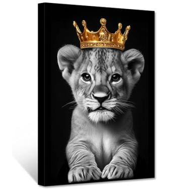 Imagem de CXHOSTENT Arte de parede em tela de leão bebê rei leão com imagens de coroa dourada impressão de pintura animal pôster vida selvagem quarto infantil decoração de berçário moldura (30,5 cm x 45,7 cm)
