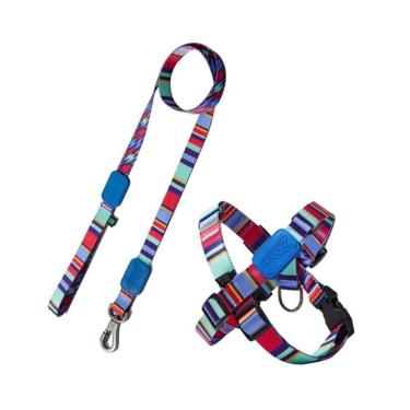 Imagem de Peitoral Em X E Guia Para Cães Raios E Listras Azul - M