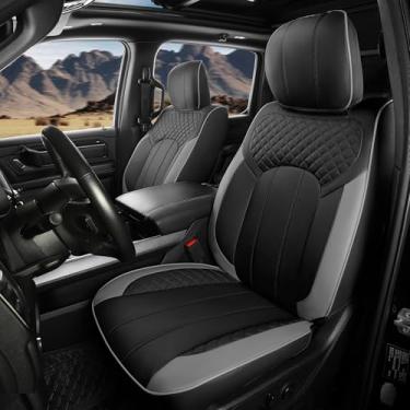 Imagem de FEINEPRO Capas de assento para Dodge Ram 1500 Crew Cab New Body 2014-2018, capa de assento de couro limitada Longhorn-Rebel-Laramie-Big Horn-Tradesman-TRX Capas de assento de caminhonete (cinza preto)