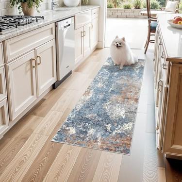 Imagem de Tapete de corredor 2x4 lavável antiderrapante – Tapete pequeno para chão de cozinha, quarto, entrada, banheiro, cabeceira – Tapete moderno abstrato neutro de baixa pilha fina para porta interna