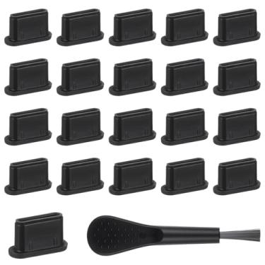 Imagem de Plugue antipoeira USB C de 20 peças, plugues antipoeira tipo C de silicone preto com tampa de escova de limpeza, tampa protetora de porta tipo C, porta de carregamento, capa de plugue de poeira para a