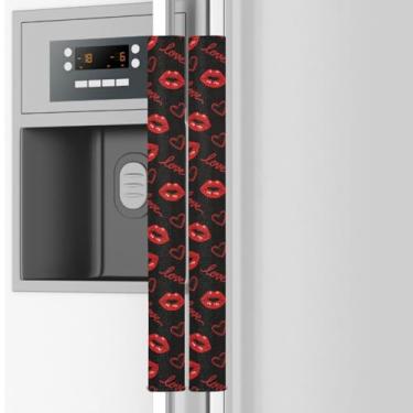 Imagem de Emelivor Conjunto de 2 capas de maçanetas de geladeira pretas com coração dos namorados - Puxadores laváveis de utensílios de cozinha para fornos, máquinas de lavar louça, manter longe de manchas de