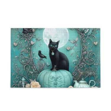 Imagem de Quebra-cabeça 3D gato preto verde madeira e papel 1000 peças com saco de armazenamento quebra-cabeças complexos para adultos