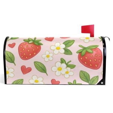 Imagem de TSENQUE Capas decorativas para caixa de correio de vinil magnético capa de caixa de correio outono férias à prova de intempéries decoração de caixa de correio bonito morangos rosa desenho animado