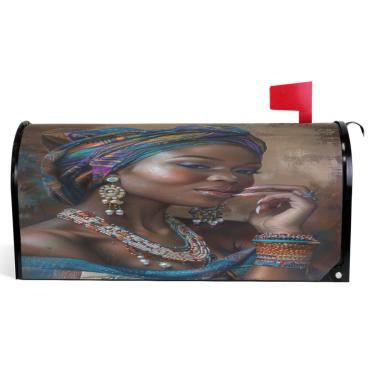 Imagem de TSENQUE Capas de caixa de correio magnéticas decorativas linda mulher africana impressão outono caixa de correio vinil à prova de intempéries decoração de caixa de correio de férias tamanho grande