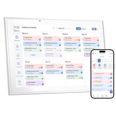 Imagem de QUNUB Calendário digital de 25 cm e tabela de tarefas – Planejador de parede interativo com tela sensível ao toque, organizador familiar inteligente para horários familiares, mesa e parede, branco