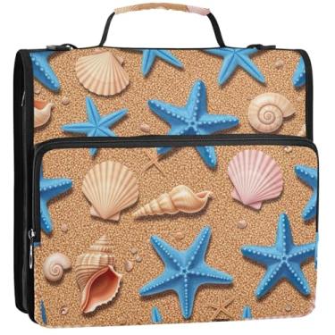 Imagem de Fichários de estrela do mar azul de 3 cm 3 anéis resistentes com zíper organizador de fichários escolares bolsa com alça de ombro fofa para portfólio comporta 500 lençóis, 34,5 x 31,5 x 9 cm
