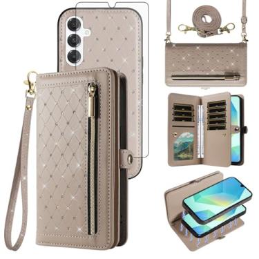 Imagem de Asuwish Capa de telefone para Samsung Galaxy A16 5G/4G Carteira com zíper destacável capa magnética protetora de tela transversal alça de cordão Bling compartimentos para cartão de crédito A 16 16A