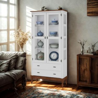 Imagem de Cristaleira Rústica Em Madeira 2 Portas, 2 Gavetas E Pés Luiz Xv - Branco Laca Com Tampo E Base Imbuia Glazer