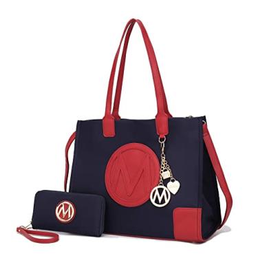 Imagem de MKF Conjunto de bolsa de ombro para mulheres e bolsa tipo carteira de pulso – Bolsa de couro sintético com alça transversal, Azul-marinho - vinho, Large