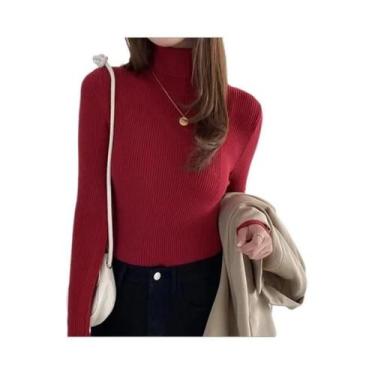 Imagem de Suéter Feminino De Gola Alta Em Cashmere Macio, Pulôver Básico De Tric