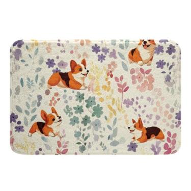 Imagem de Erosebridal Lindo conjunto de tapetes de banheiro Corgi, flores arco-íris, cachorro, kawaii, presentes para crianças, meninas, meninos, tapete de banho com folhas florais coloridas, tapete de porta