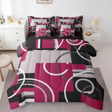 Imagem de Erosebridal Conjunto de cama moderno, vermelho, cinza, preto, 7 peças, círculos abstratos, listrado, geométrico, espiral, xadrez, com textura chique, conjunto de lençol com edredom e decoração de