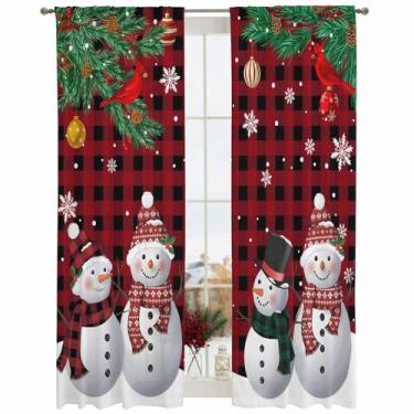 Imagem de Cortinas transparentes de boneco de neve de Natal, pinho verde, pássaro, Natal, bola de voile, cortinas de voile, preto e vermelho, painéis de tratamento de janela para sala de estar, quarto, cozinha,