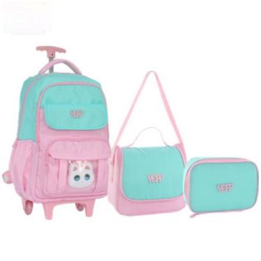 Imagem de Kit Escolar 3 em 1 Mochila Gatinho fofo com Rodinhas Bolsa Tiracolo Es