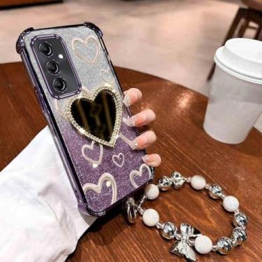Imagem de Capa de celular espelhada com alça de pulso e airbag, glitter, coração, para Samsung Galaxy A13, A14, A15, A16, A23, 34, A35, A36, A54, A55, 4G, 5G, roxa, para Samsung A14 4G