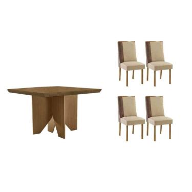 Imagem de Mesa Cozinha Nevada c/ Tampo Madeirado Canto Curvo 90x90cm e 4 Cadeiras Tilia Madeira Maciça Naturale - Capuccino/Linho Capuccino-Rufato